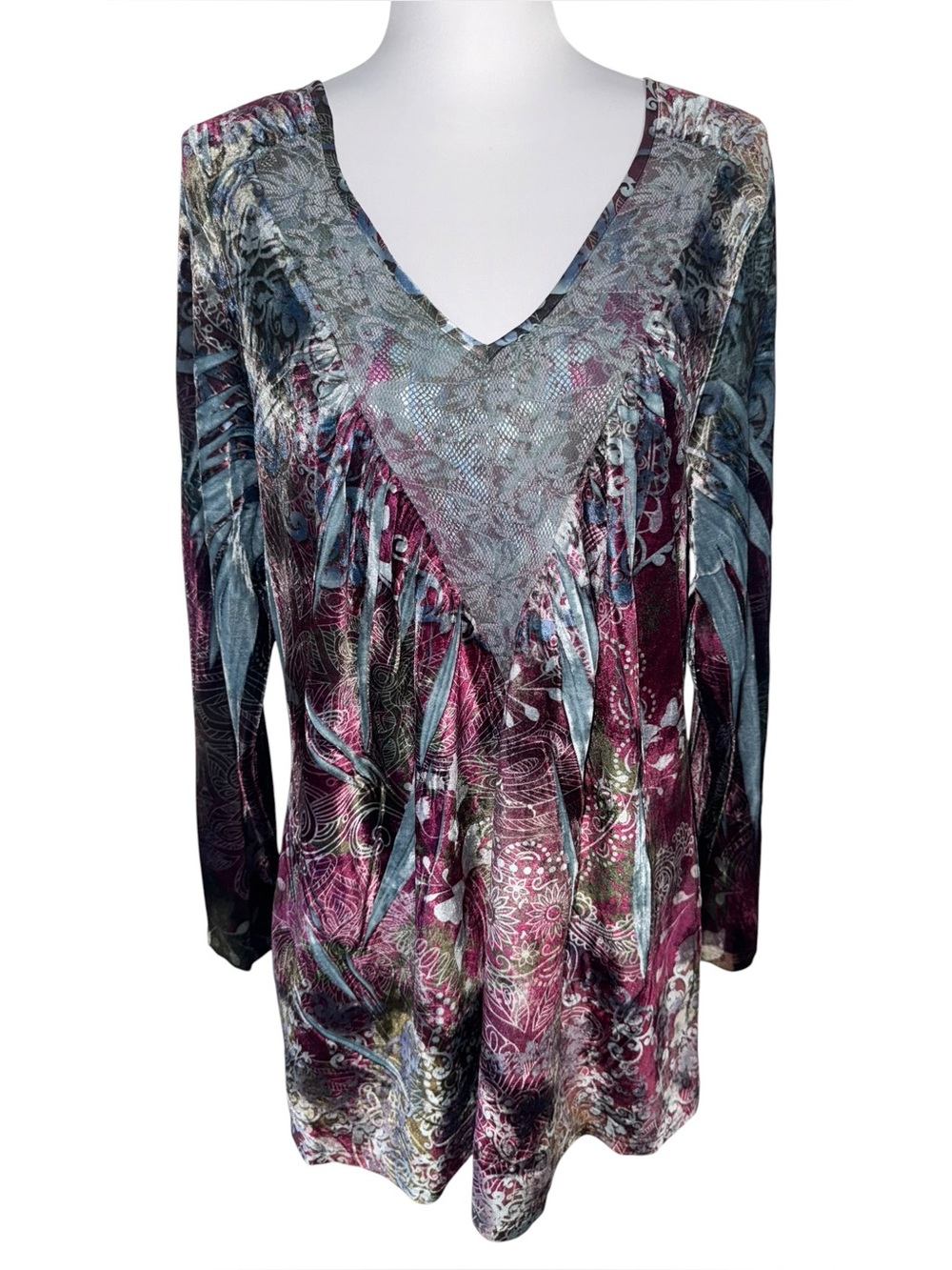 One World 1X Burnout Floral Paisley V Neck Tunic Top Plus Size Boho Velour